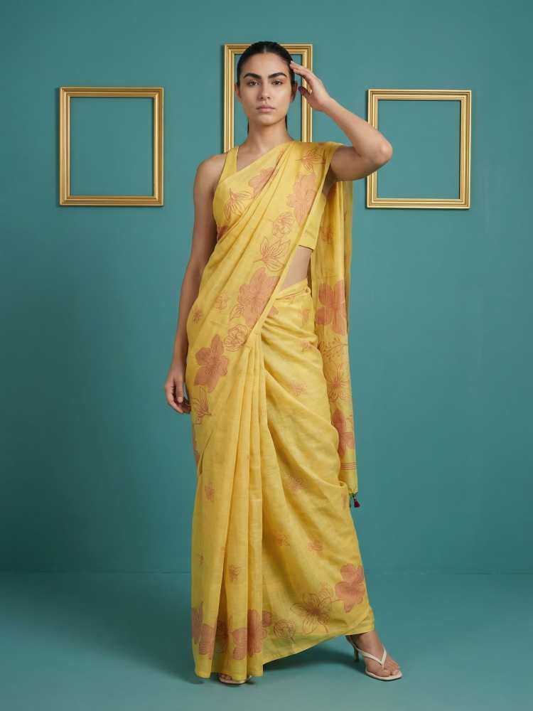 Yellow Muga Cotton Saree with Resham Weaving & Floral Pencil Art - House of ViDi