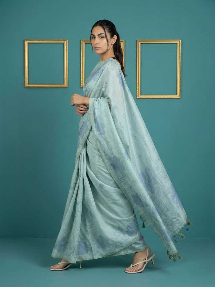 Sky Blue Muga Cotton Saree with Resham Weaving & Floral Pencil Art - House of ViDi