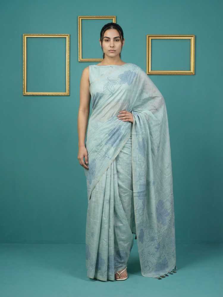 Sky Blue Muga Cotton Saree with Resham Weaving & Floral Pencil Art - House of ViDi