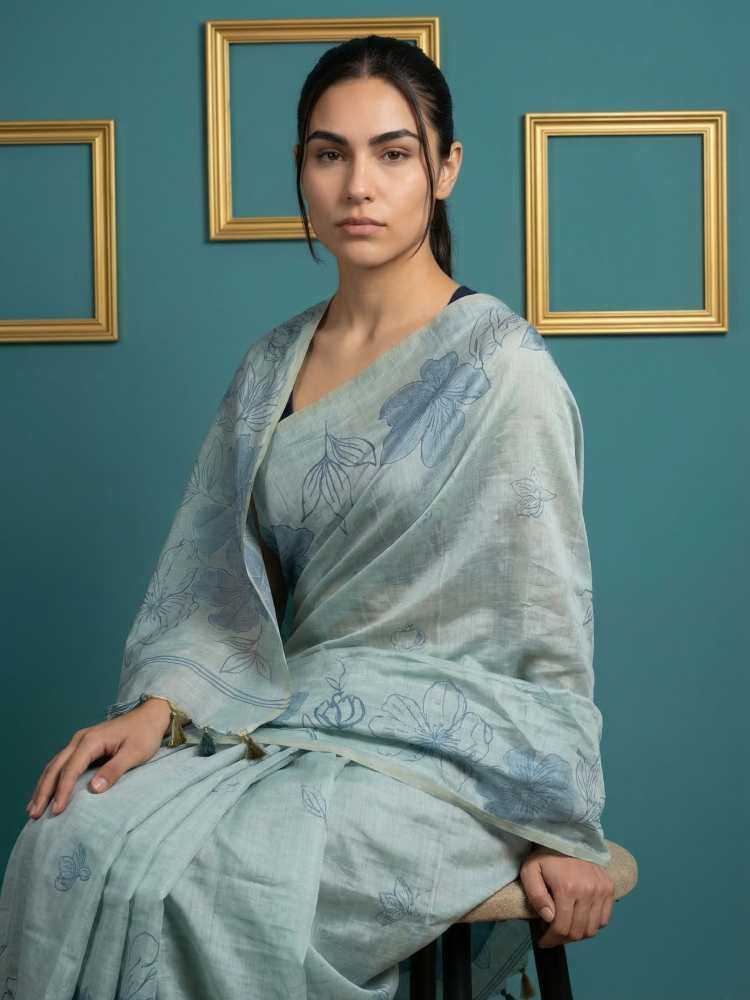 Sky Blue Muga Cotton Saree with Resham Weaving & Floral Pencil Art - House of ViDi