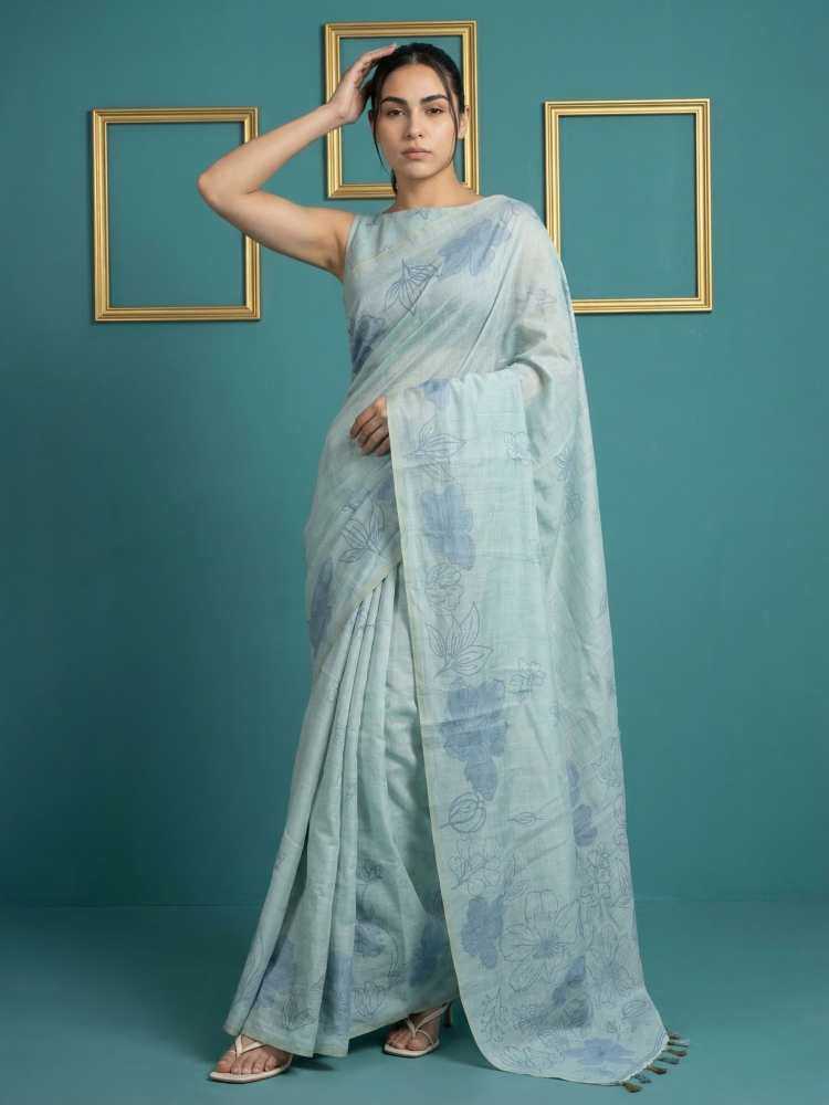 Sky Blue Muga Cotton Saree with Resham Weaving & Floral Pencil Art - House of ViDi