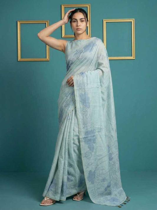Sky Blue Muga Cotton Saree with Resham Weaving & Floral Pencil Art
