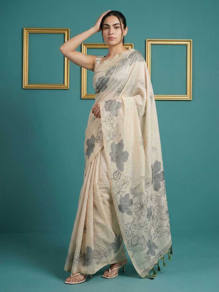 Off White Muga Cotton Saree with Resham Weaving & Floral Pencil Art - House of ViDi