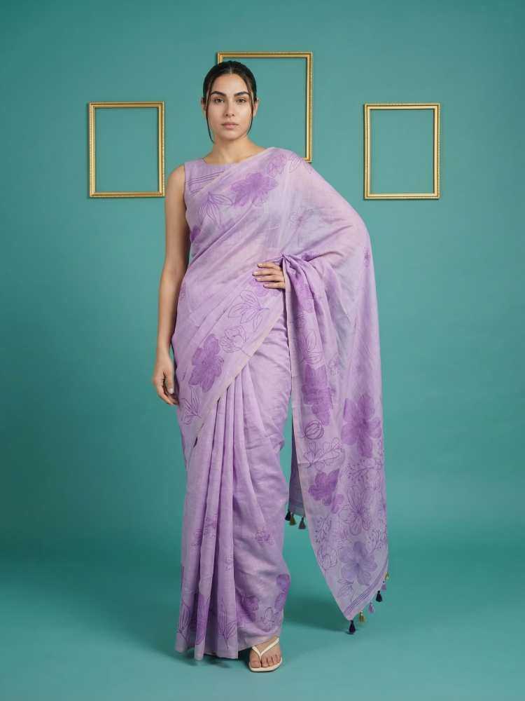 Lavender Muga Cotton Saree with Resham Weaving & Floral Pencil Art - House of ViDi