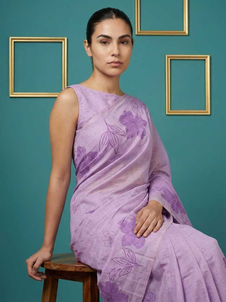 Lavender Muga Cotton Saree with Resham Weaving & Floral Pencil Art - House of ViDi