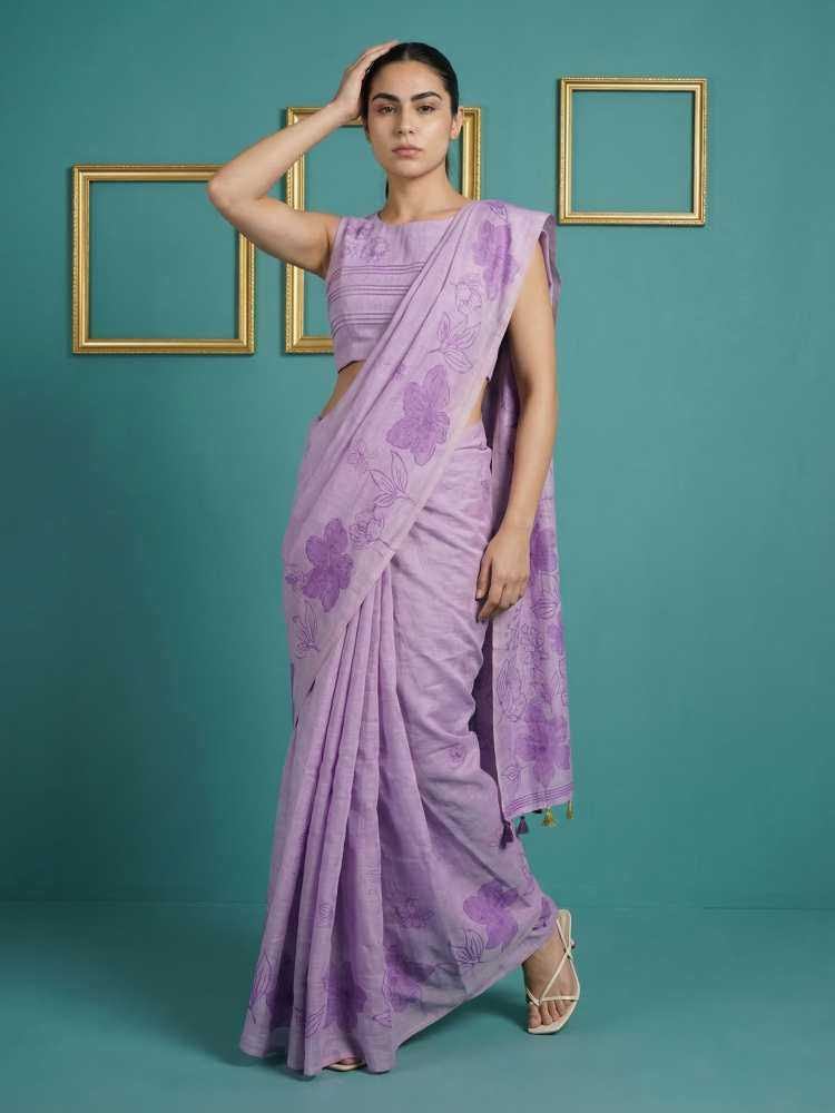 Lavender Muga Cotton Saree with Resham Weaving & Floral Pencil Art - House of ViDi