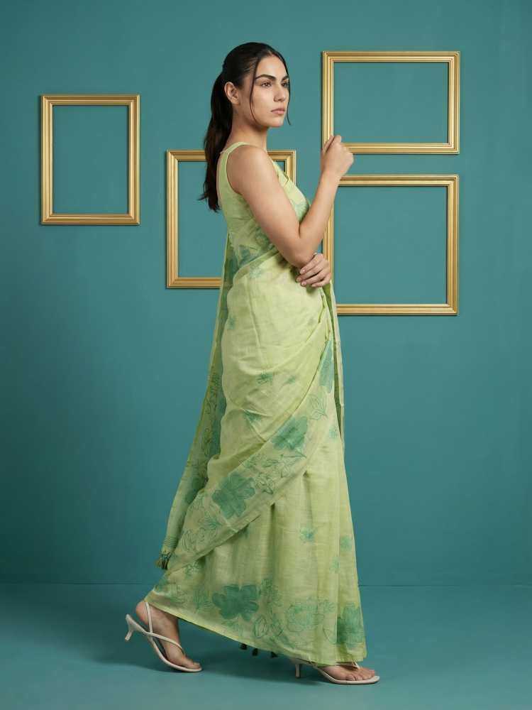 Pista Muga Cotton Saree with Resham Weaving & Floral Pencil Art - House of ViDi