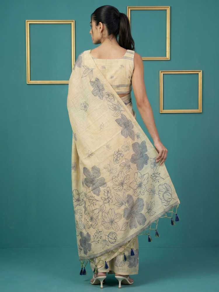 Off White Muga Cotton Saree with Resham Weaving & Floral Pencil Art - House of ViDi