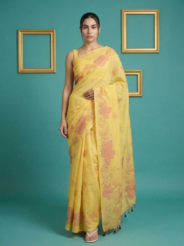Yellow Muga Cotton Saree with Resham Weaving & Floral Pencil Art - House of ViDi