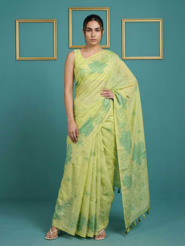 Pista Muga Cotton Saree with Resham Weaving & Floral Pencil Art - House of ViDi