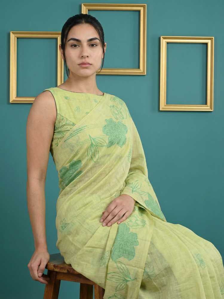 Pista Muga Cotton Saree with Resham Weaving & Floral Pencil Art - House of ViDi