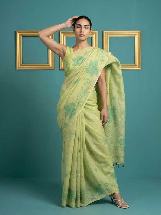 Pista Muga Cotton Saree with Resham Weaving & Floral Pencil Art