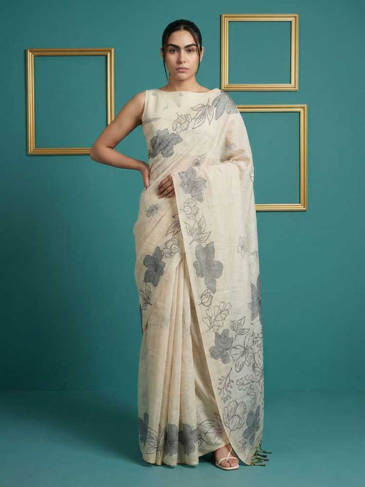White Muga Cotton Saree with Resham Weaving & Floral Pencil Art