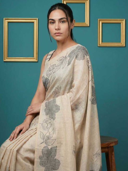 Off White Muga Cotton Saree with Resham Weaving & Floral Pencil Art