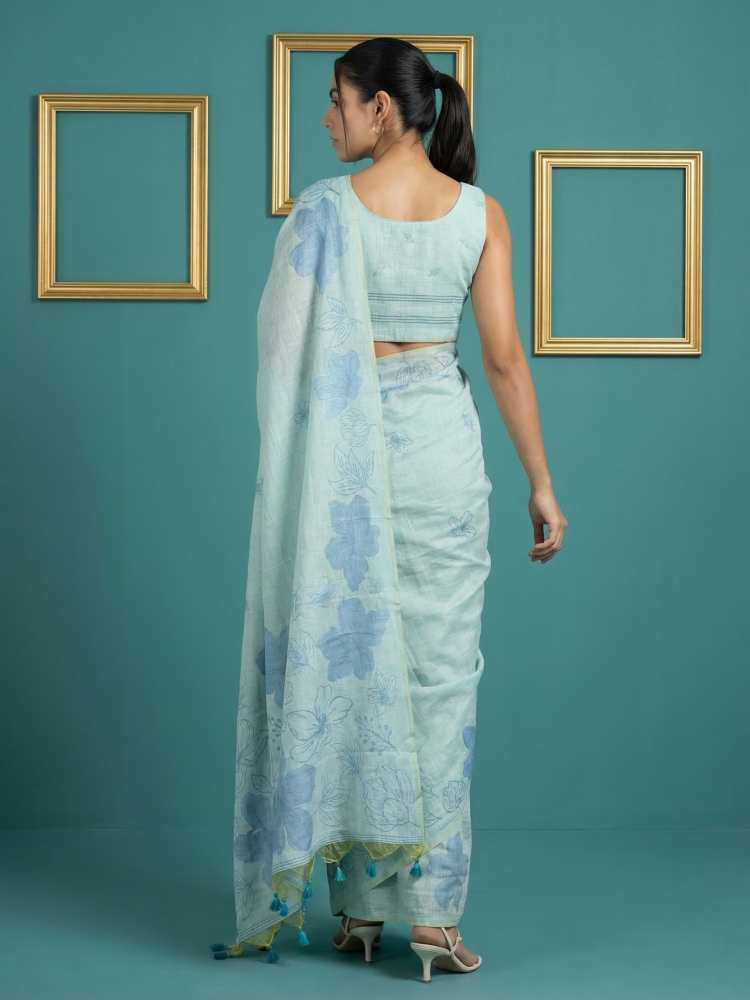 Sky Blue Muga Cotton Saree with Resham Weaving & Floral Pencil Art - House of ViDi