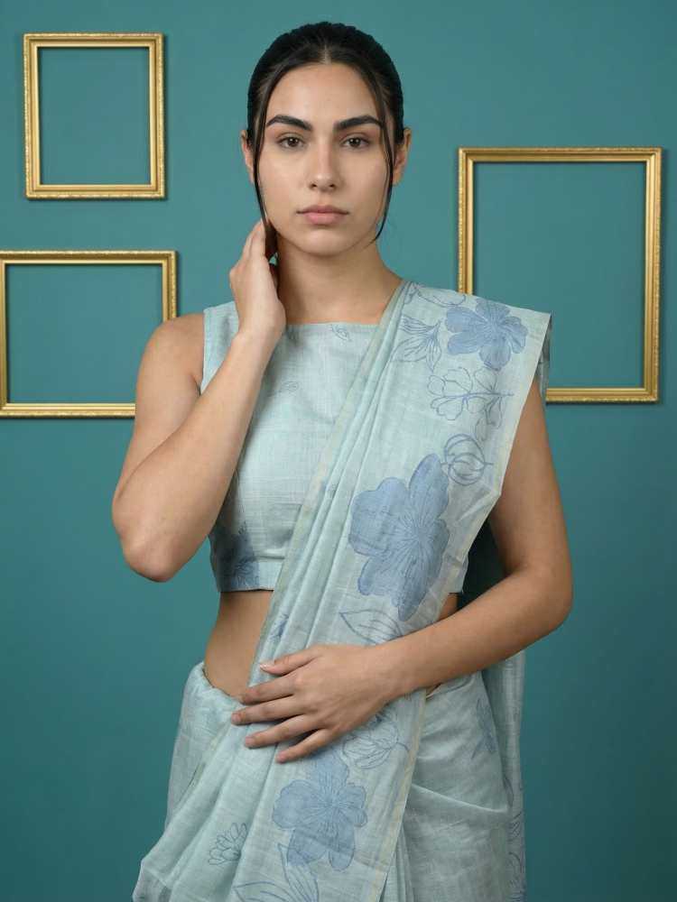 Sky Blue Muga Cotton Saree with Resham Weaving & Floral Pencil Art - House of ViDi