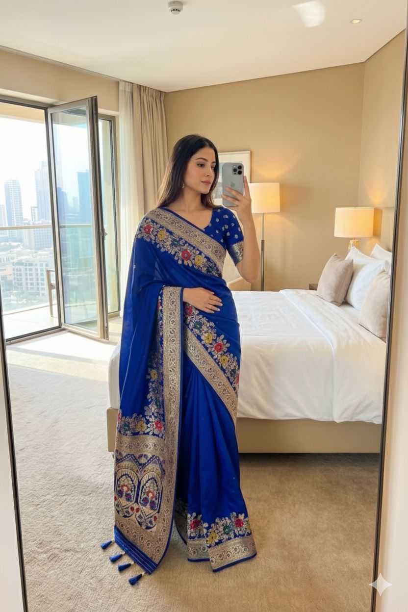 Navy Blue Soft Dola Silk Zari Weaving Saree - House of ViDi