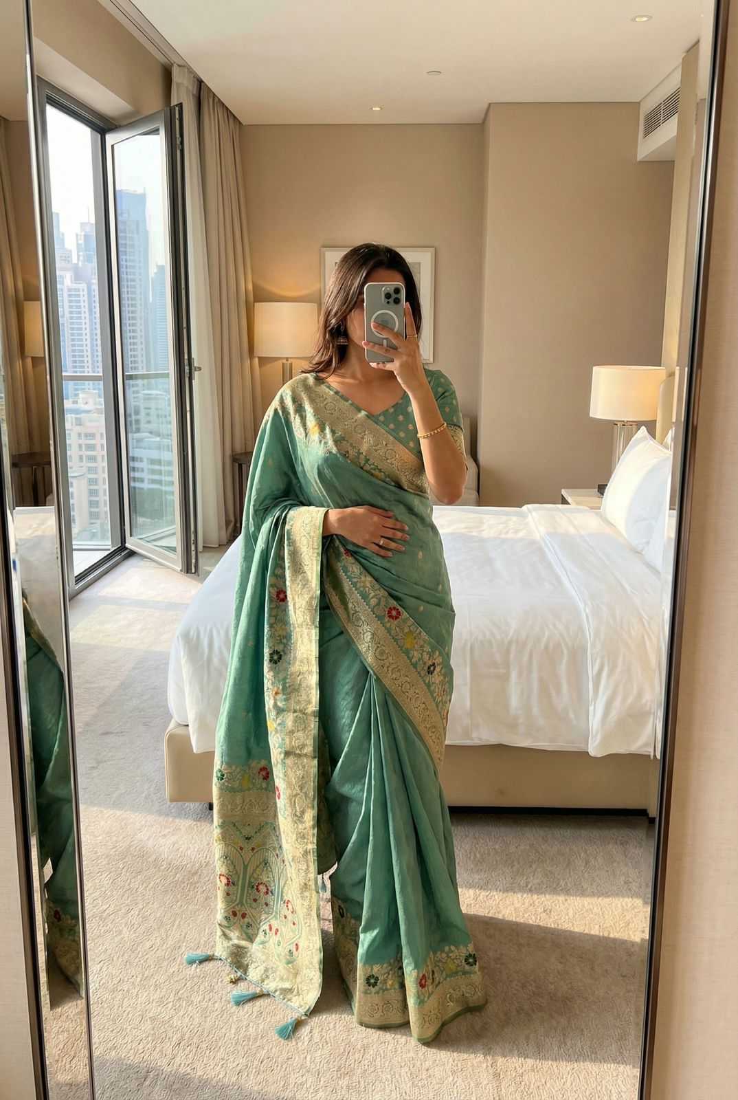 Rama Soft Dola Silk Zari Weaving Saree - House of ViDi