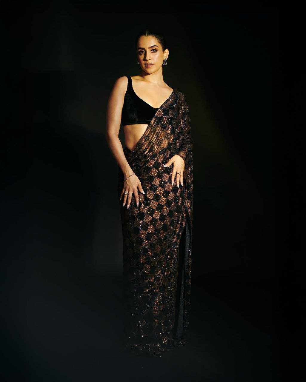 Sanya Malhotra Inspired Black Sequins Faux Georgette Designer Saree - House of ViDi