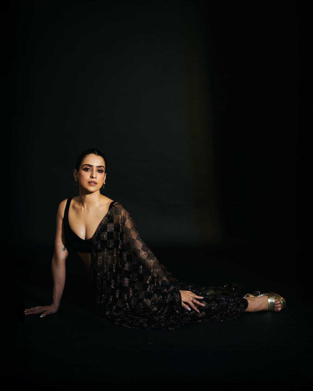 Sanya Malhotra Inspired Black Sequins Faux Georgette Designer Saree - House of ViDi