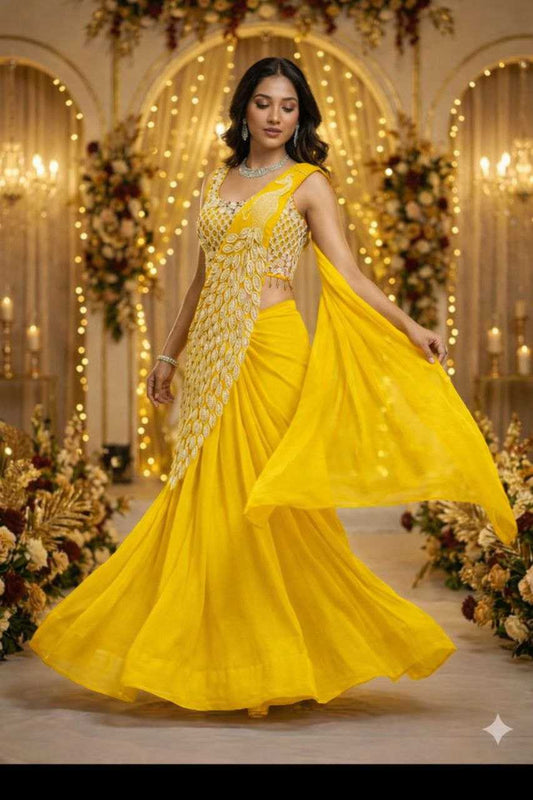 Mustard Ready-to-Wear Heavy Georgette Saree with Embroidered Sequin Blouse