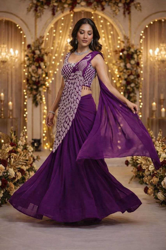 Burgandy Ready-to-Wear Heavy Georgette Saree with Embroidered Sequin Blouse