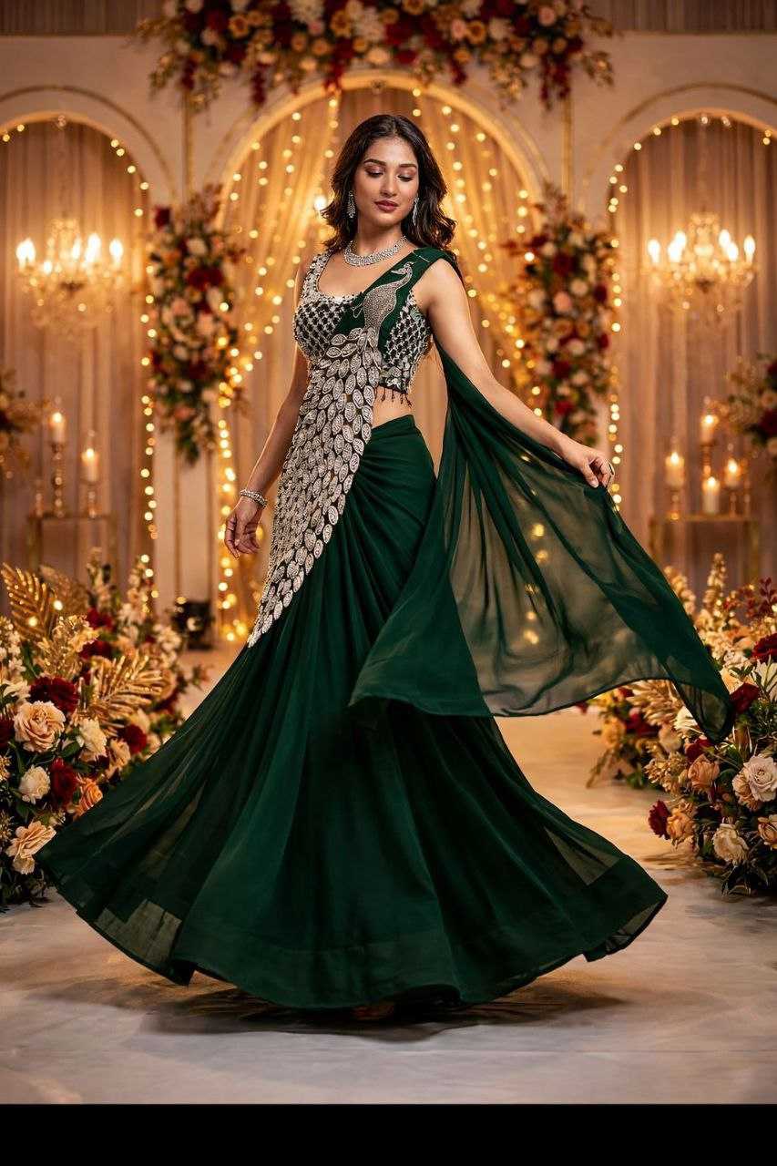 Green Ready-to-Wear Heavy Georgette Saree with Embroidered Sequin Blouse