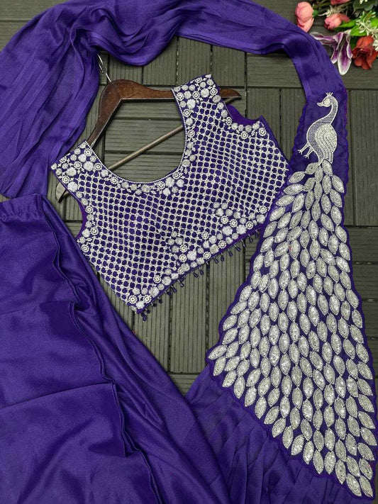 Purple Ready-to-Wear Heavy Georgette Saree with Embroidered Sequin Blouse