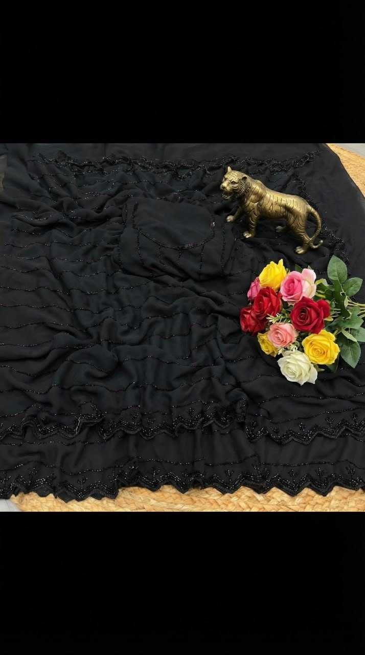 Black Faux Georgette Cutwork Saree with Beads Work - House of ViDi