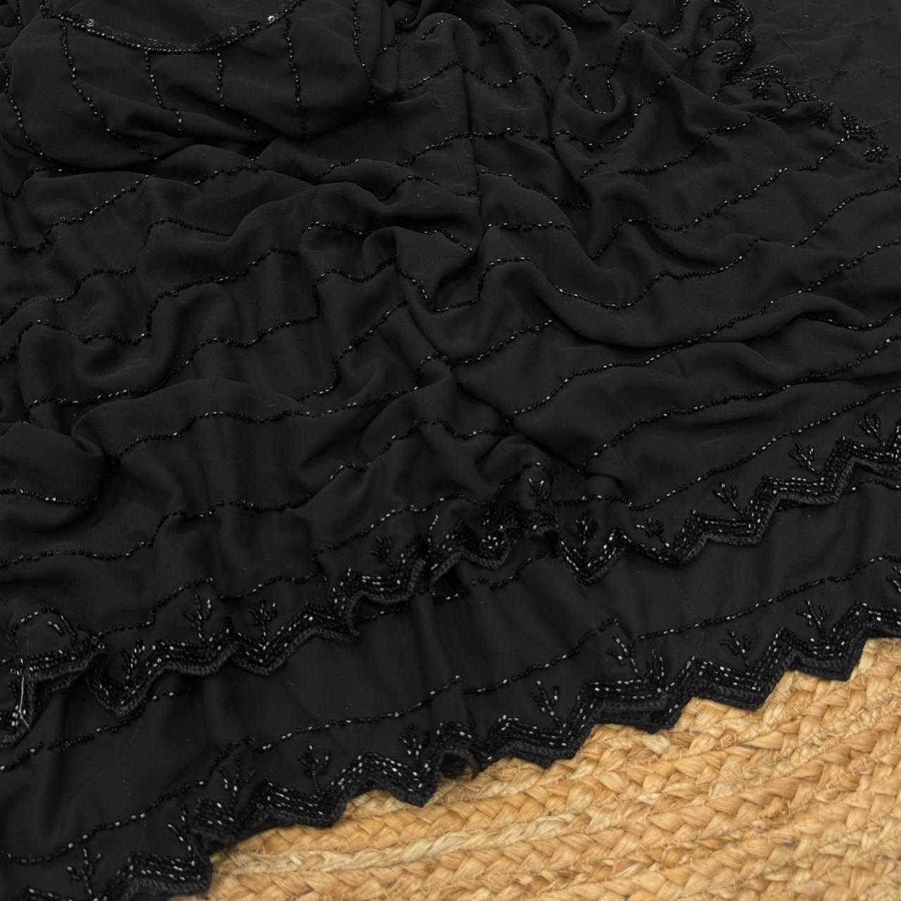 Black Faux Georgette Cutwork Saree with Beads Work - House of ViDi