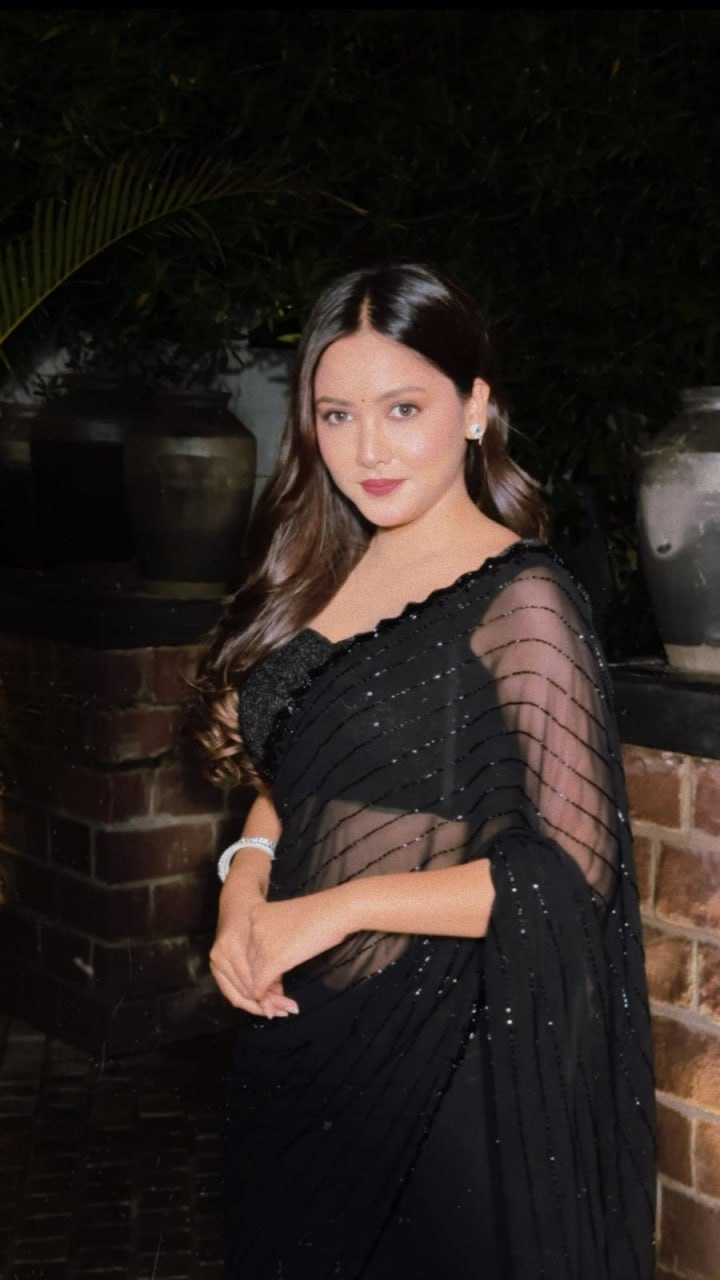 Black Faux Georgette Cutwork Saree with Beads Work - House of ViDi