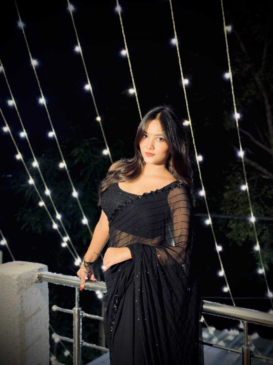 Black Faux Georgette Cutwork Saree with Beads Work - House of ViDi