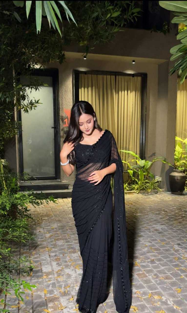 Black Faux Georgette Cutwork Saree with Beads Work - House of ViDi