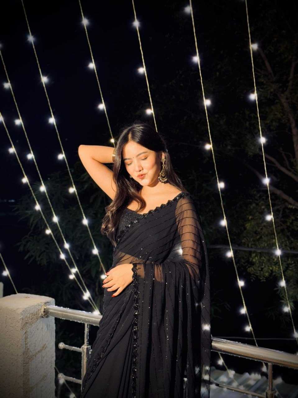 Black Faux Georgette Cutwork Saree with Beads Work - House of ViDi