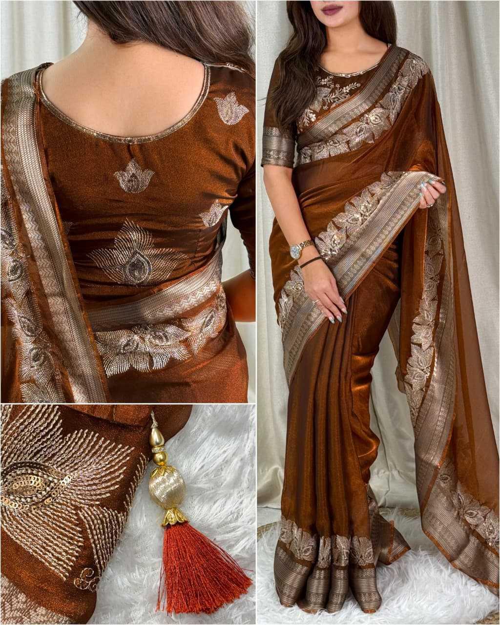 Gold Sand Fendy Silk Dual Zari Embroidered Designer Party Wear Saree with Tassel Pallu - House of ViDi