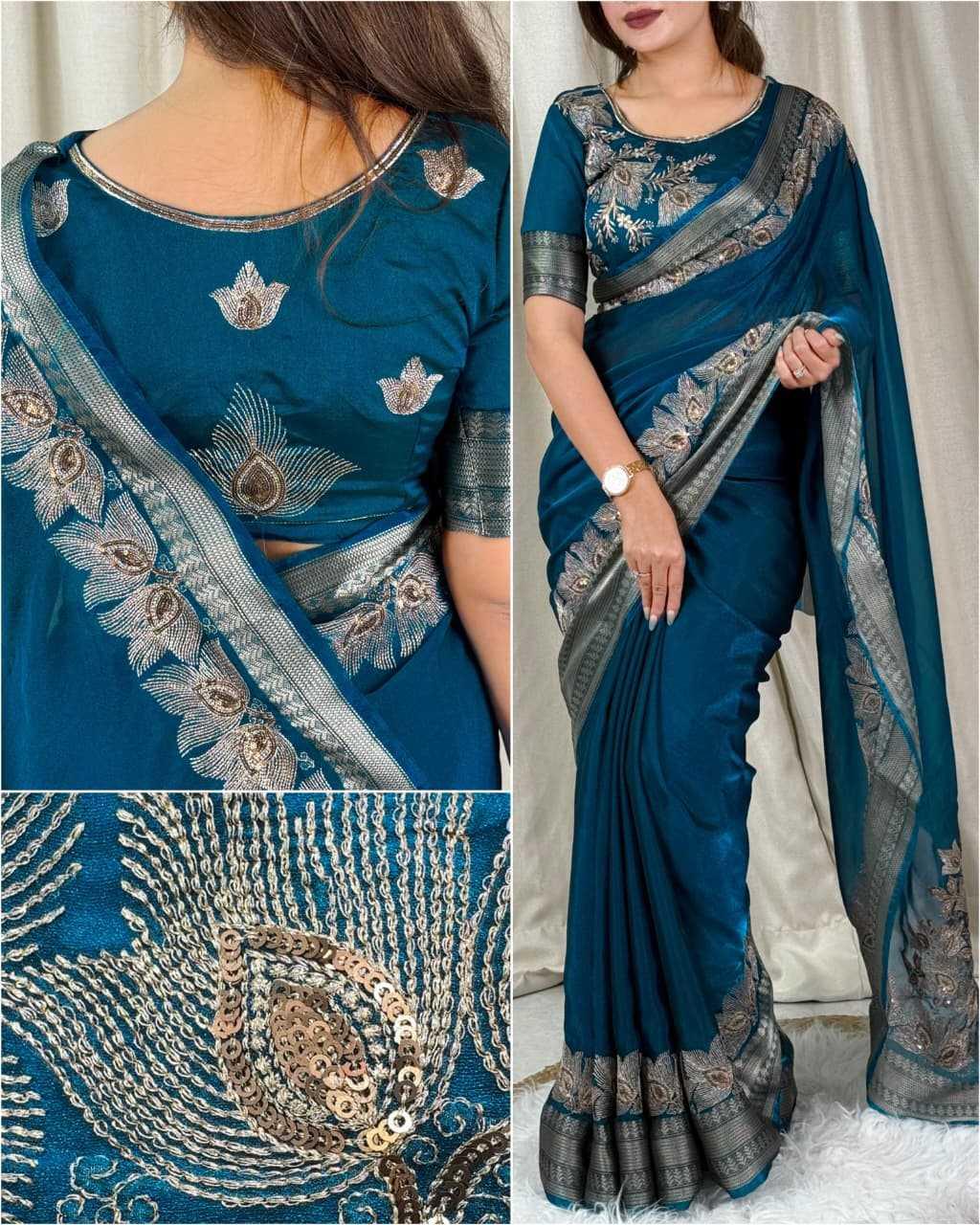 Teal Blue Fendy Silk Dual Zari Embroidered Designer Party Wear Saree with Tassel Pallu - House of ViDi