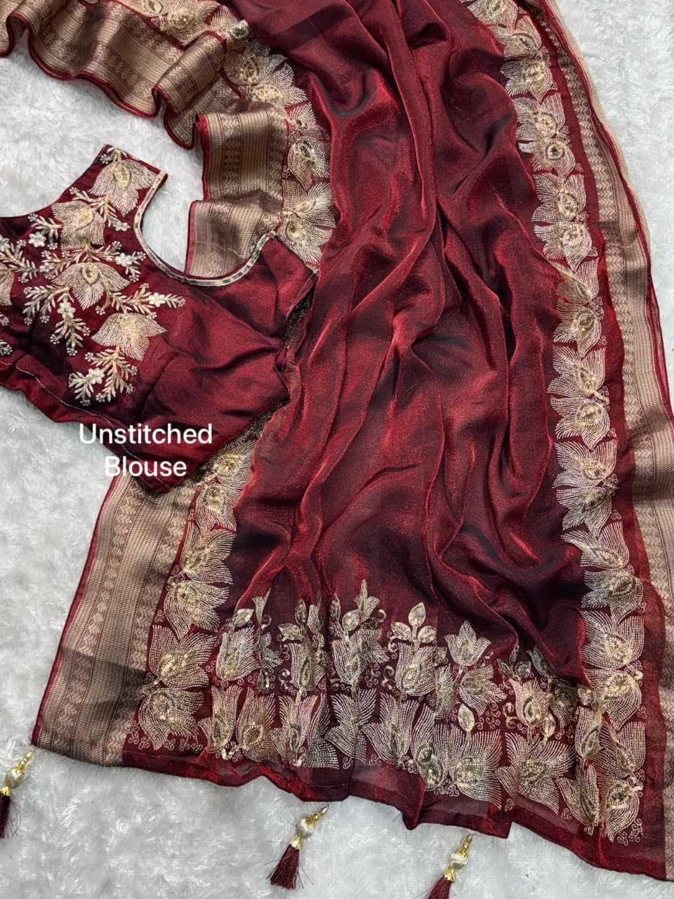 Red Fendy Silk Dual Zari Embroidered Designer Party Wear Saree with Tassel Pallu - House of ViDi