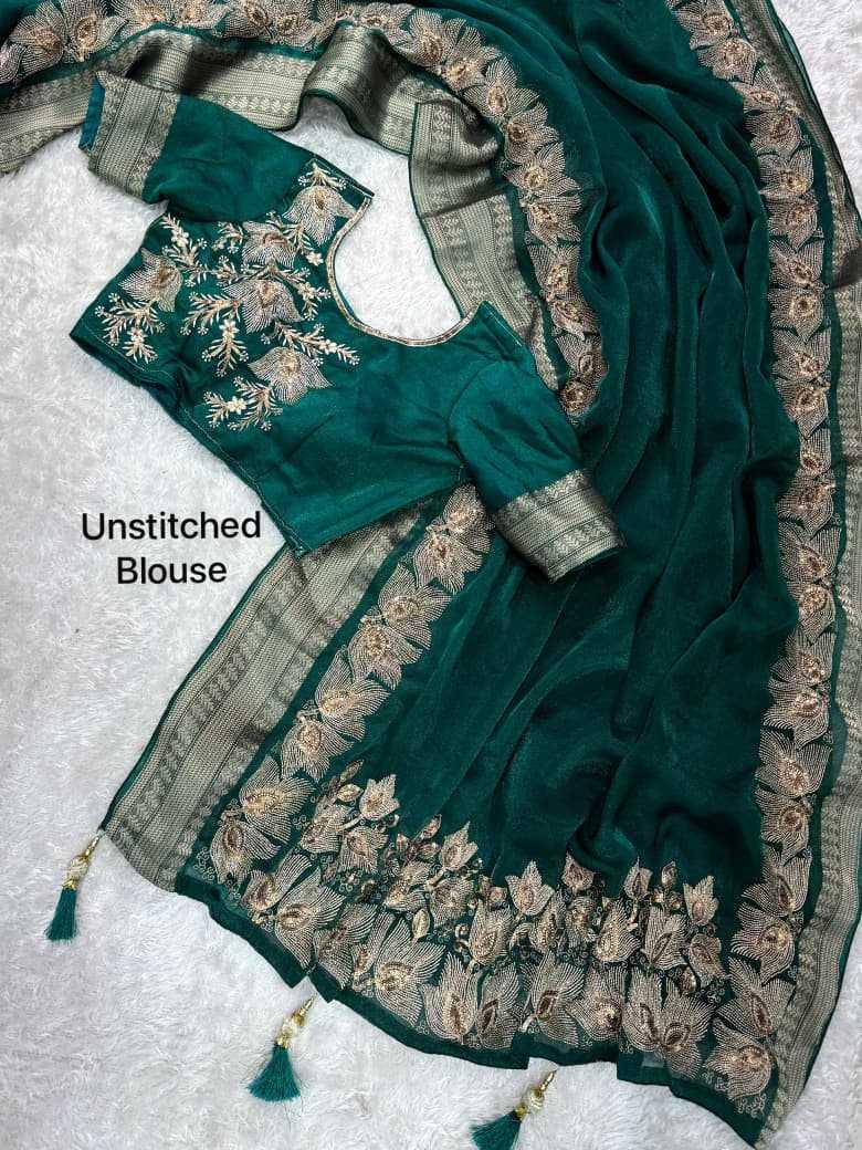 Green Fendy Silk Dual Zari Embroidered Designer Party Wear Saree with Tassel Pallu - House of ViDi