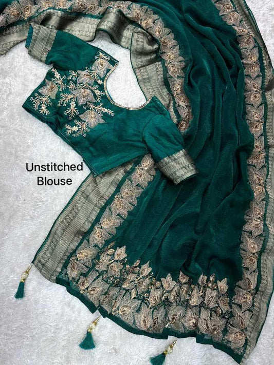 Green Fendy Silk Dual Zari Embroidered Designer Party Wear Saree with Tassel Pallu - House of ViDi