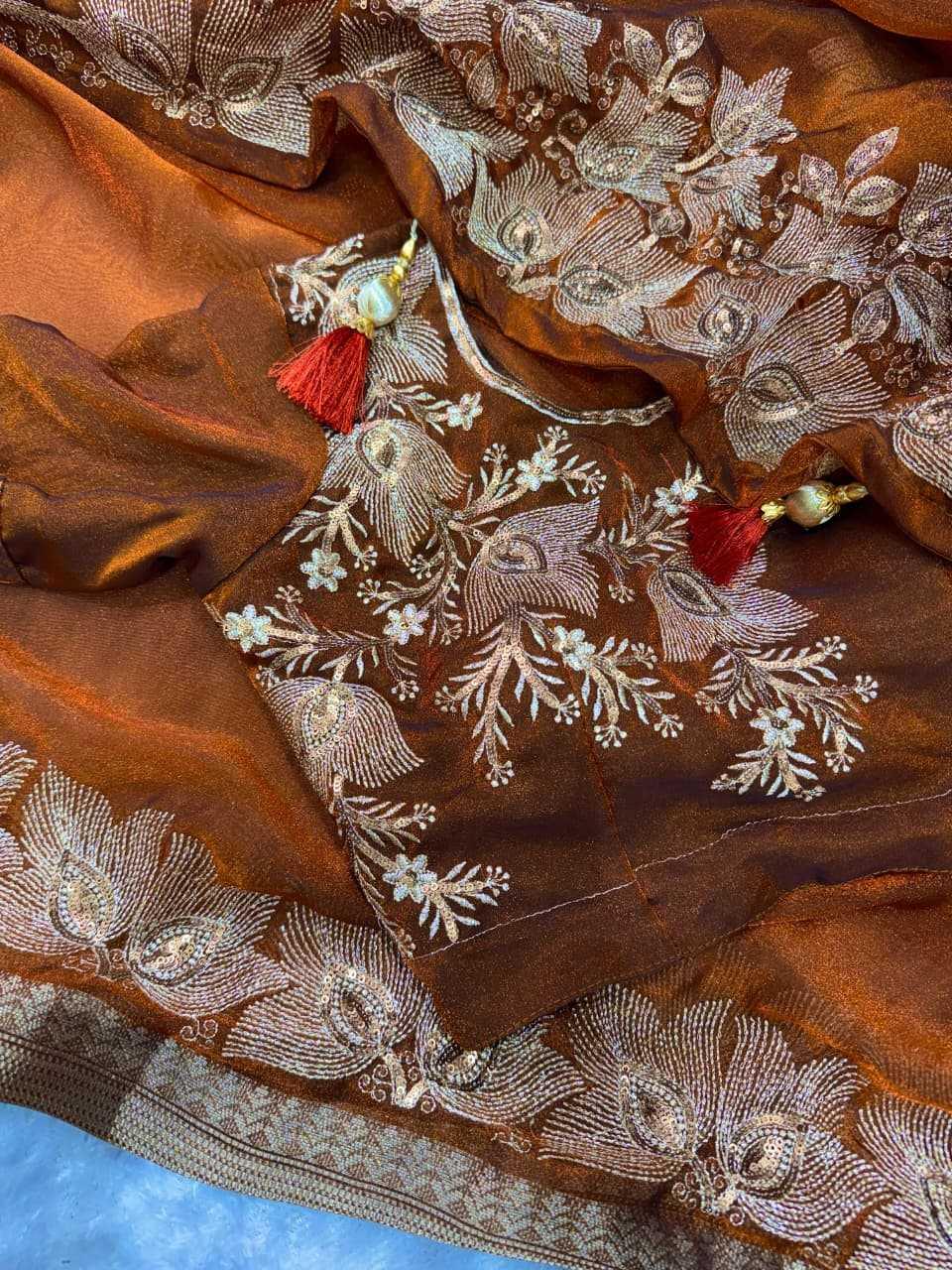 Gold Sand Fendy Silk Dual Zari Embroidered Designer Party Wear Saree with Tassel Pallu - House of ViDi