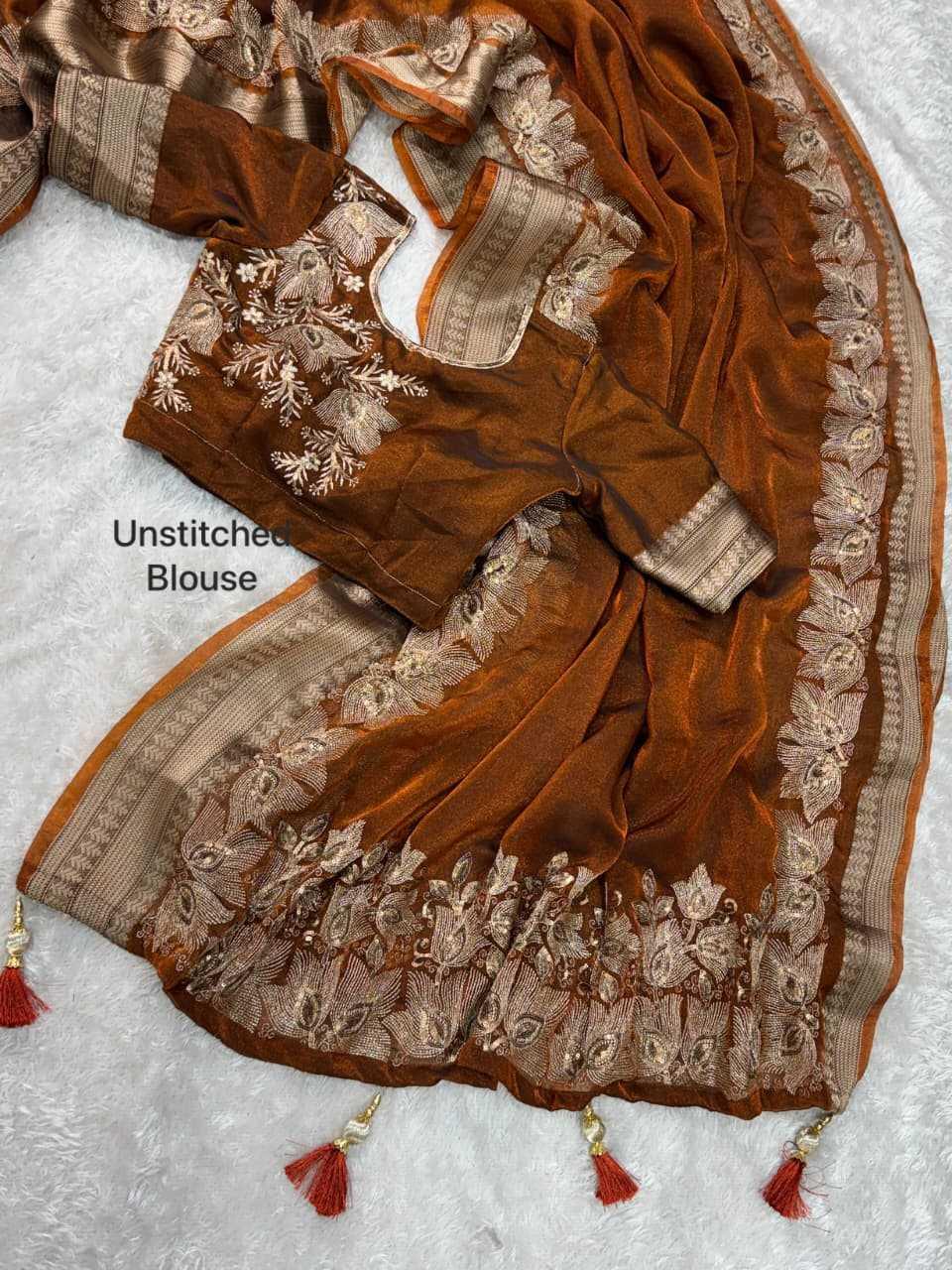 Gold Sand Fendy Silk Dual Zari Embroidered Designer Party Wear Saree with Tassel Pallu - House of ViDi