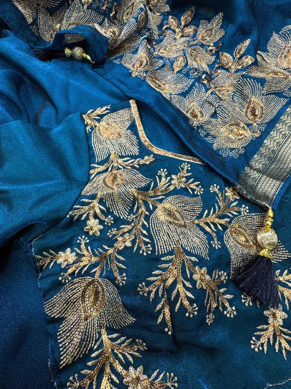 Teal Blue Fendy Silk Dual Zari Embroidered Designer Party Wear Saree with Tassel Pallu - House of ViDi