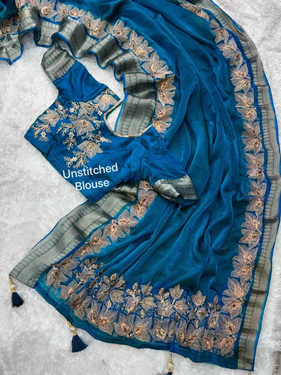 Teal Blue Fendy Silk Dual Zari Embroidered Designer Party Wear Saree with Tassel Pallu - House of ViDi