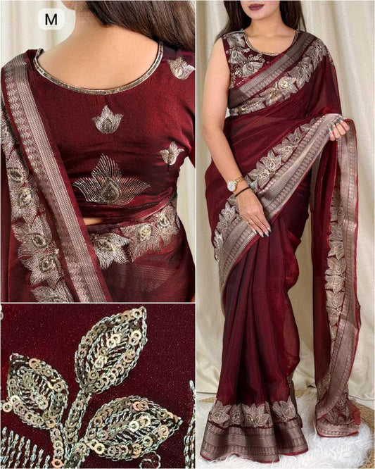 Red Fendy Silk Dual Zari Embroidered Designer Party Wear Saree with Tassel Pallu - House of ViDi