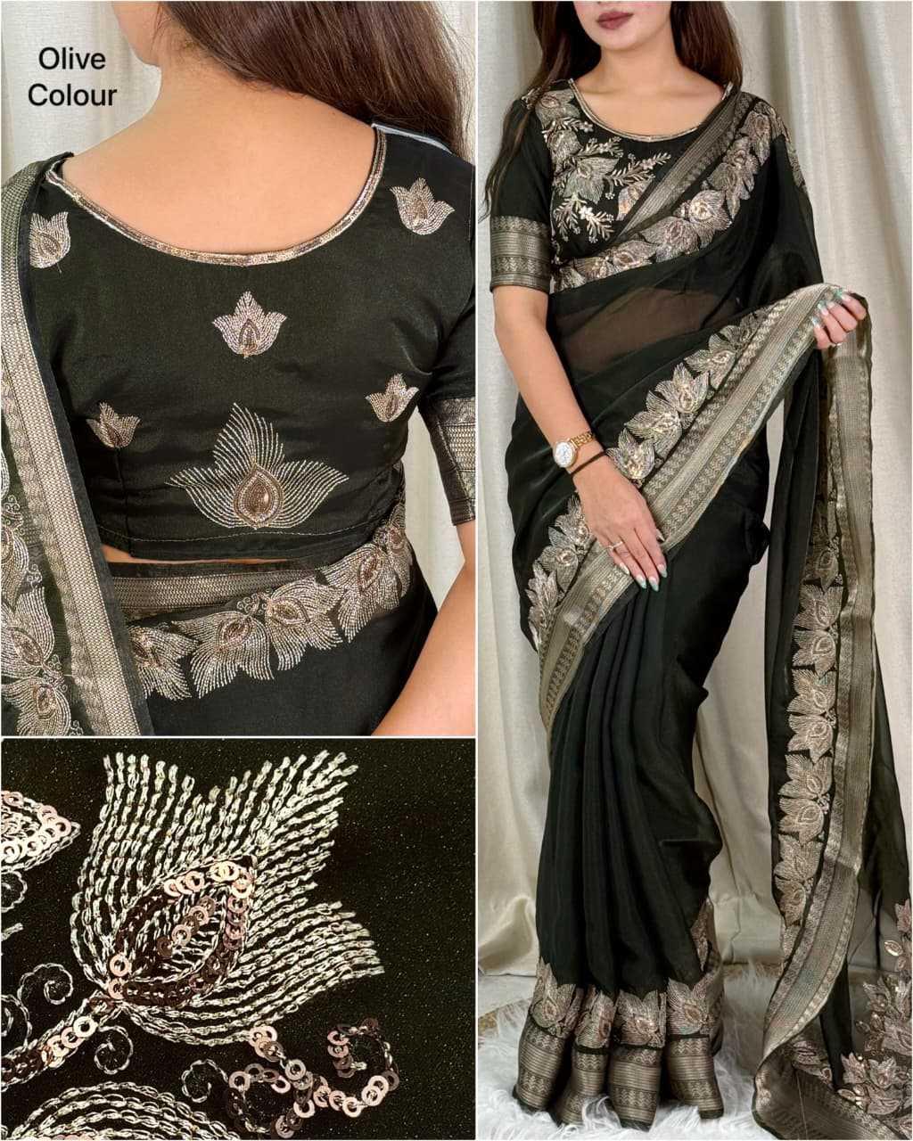 Black Fendy Silk Dual Zari Embroidered Designer Party Wear Saree with Tassel Pallu - House of ViDi