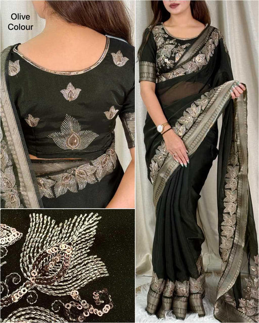 Black Fendy Silk Dual Zari Embroidered Designer Party Wear Saree with Tassel Pallu - House of ViDi