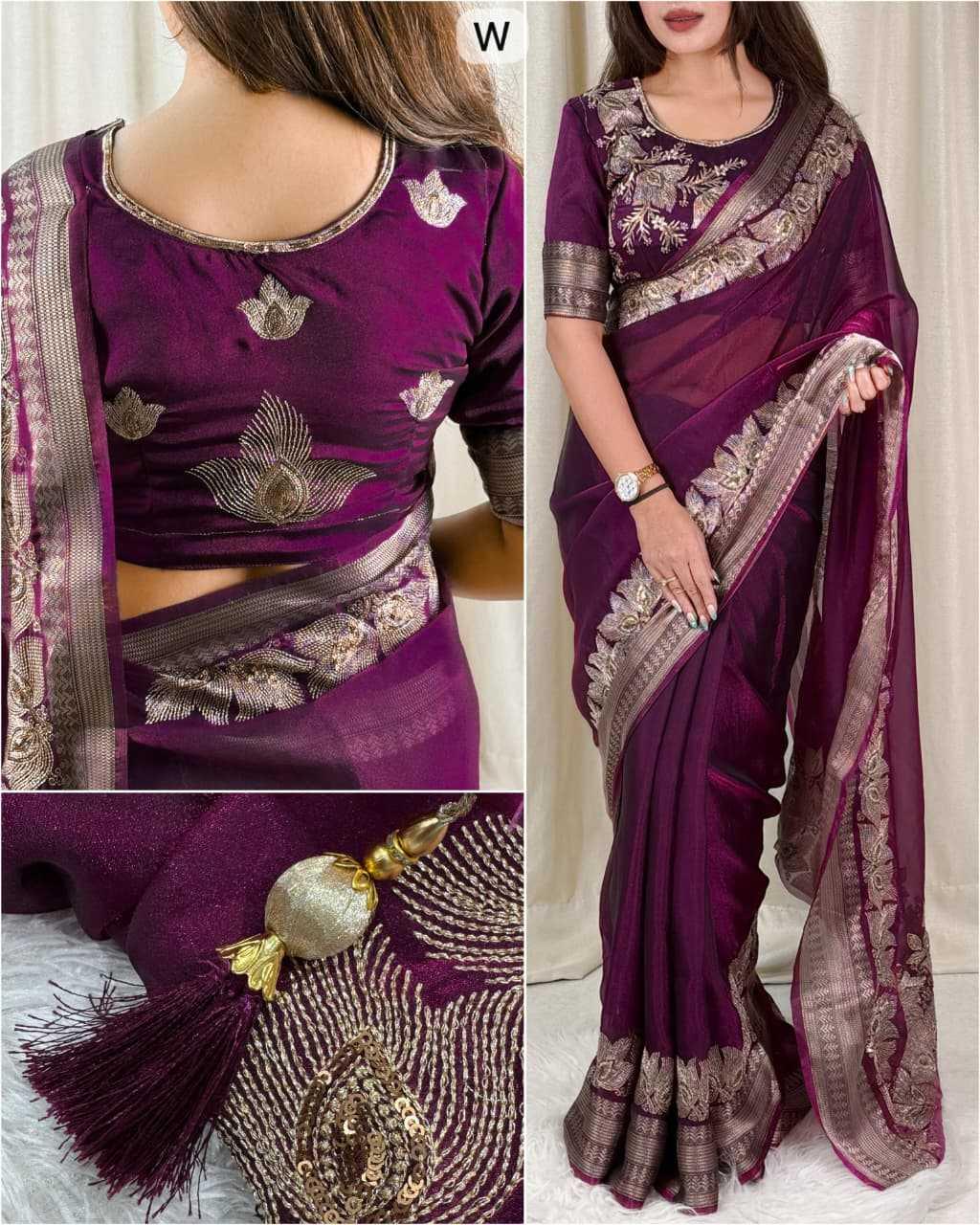 Maroon Fendy Silk Dual Zari Embroidered Designer Party Wear Saree with Tassel Pallu - House of ViDi