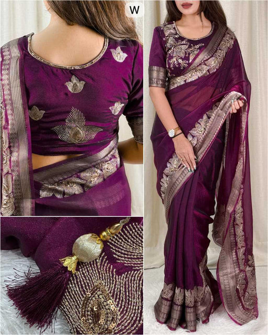 Maroon Fendy Silk Dual Zari Embroidered Designer Party Wear Saree with Tassel Pallu - House of ViDi