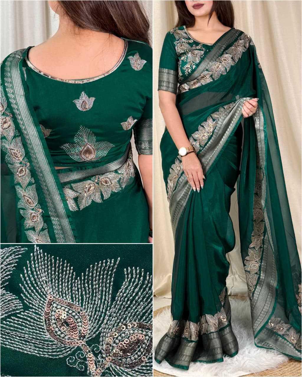Green Fendy Silk Dual Zari Embroidered Designer Party Wear Saree with Tassel Pallu - House of ViDi