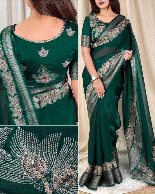 Green Fendy Silk Dual Zari Embroidered Designer Party Wear Saree with Tassel Pallu - House of ViDi